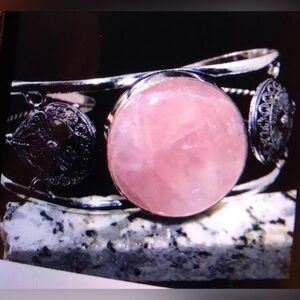 Rose Quartz Stamped 925 Sterling Silver Cuff Bracelet